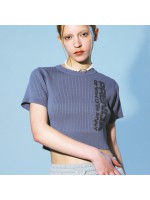韓國PRENDA - SMUDGE LOGO SHORT SLEEVE KNIT DARK BLUE
